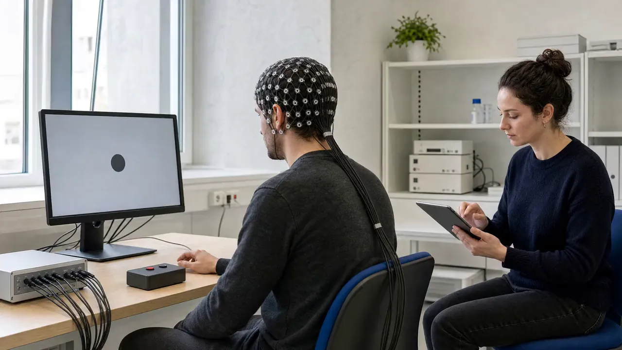 Participant équipé d'un bonnet EEG pendant une passation expérimentale